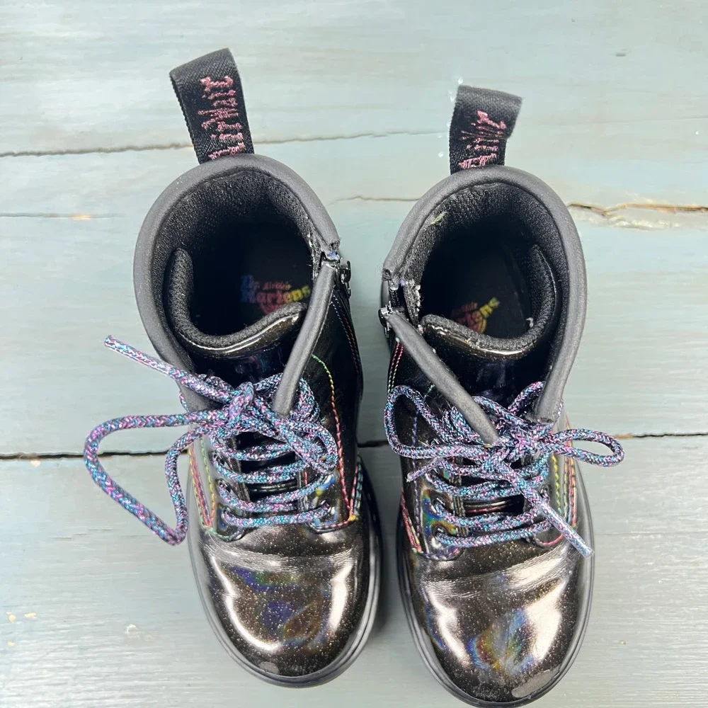 Dr. Martens 1460 T Kids Black Cosmic Glitter Rainbow Boots Size 10 US 9 UK